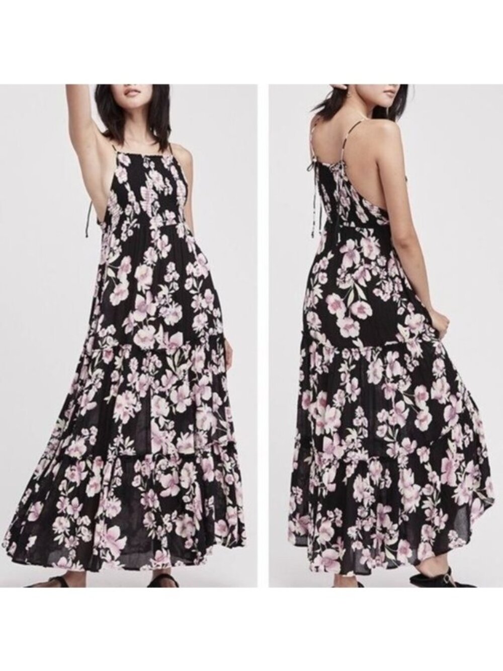 Free People Garden Party Maxi Dress Onyx Floral Smocked Bust